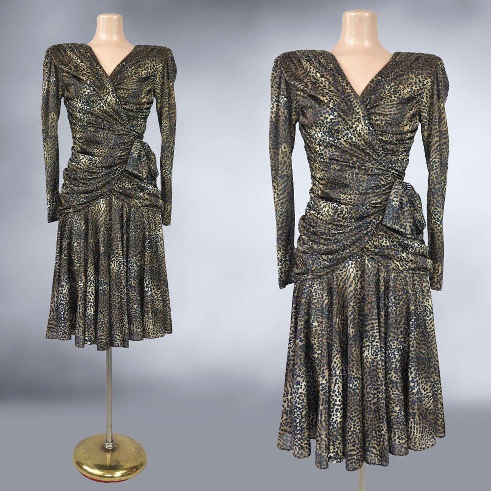 VINTAGE 80s Leopard Print Avant-Garde Draped Party Dress Size 5/6